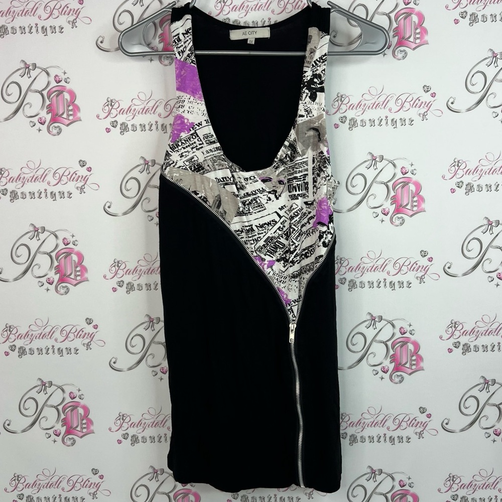 Ae city tank top newspaper print news Black and Purple Graphic Dress with Zipper